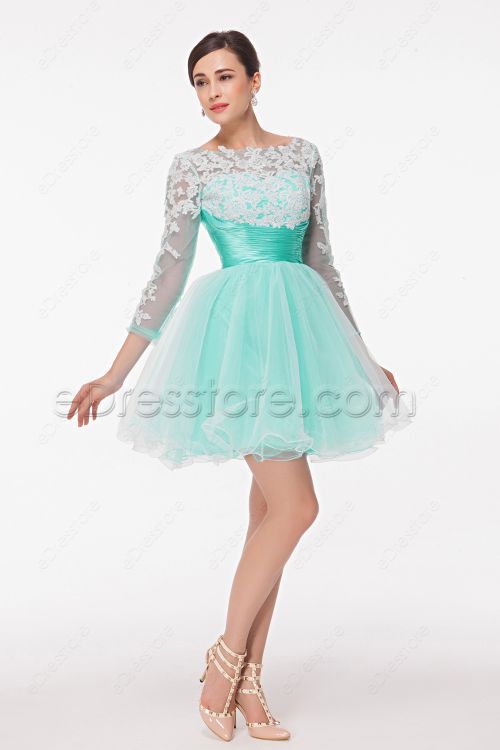 Modest Mint Green Backless Short Prom Dresses Long Sleeves