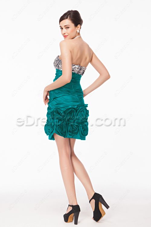 Silver Sequin Teal Short Prom Dresses