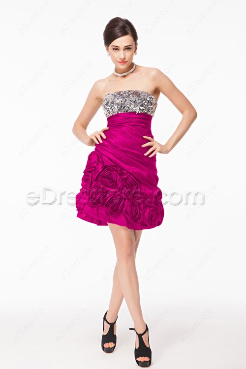 Silver Sequin Hot pink Homecoming Dresses with Flowers
