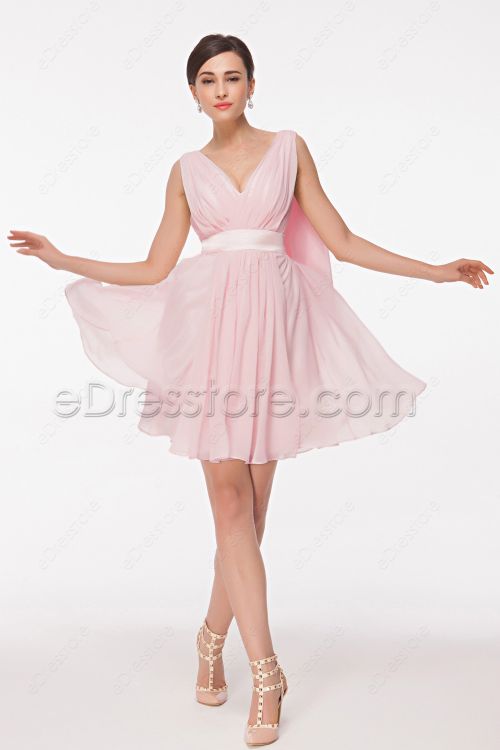 V Neck Pink Short Prom Dresses