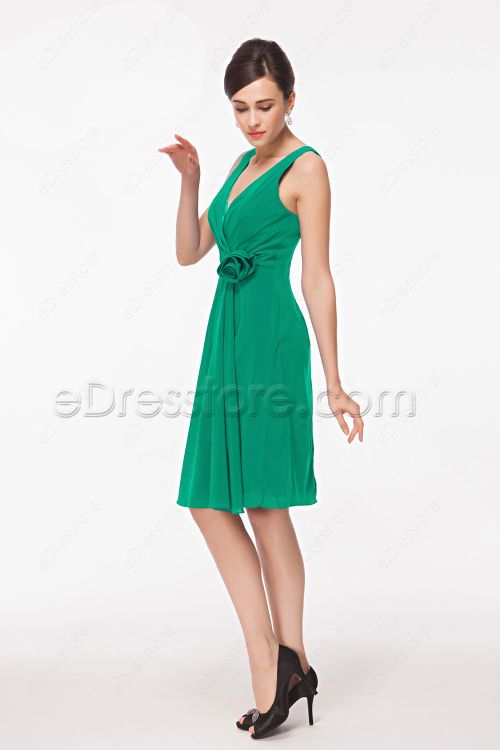 Simple V Neck Green Short Prom Dresses