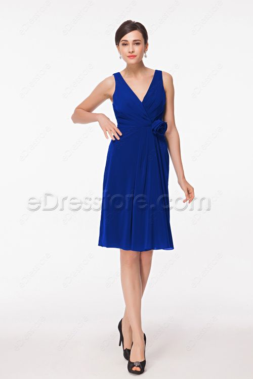 V Neck Royal Blue Cocktail Dresses Knee Length