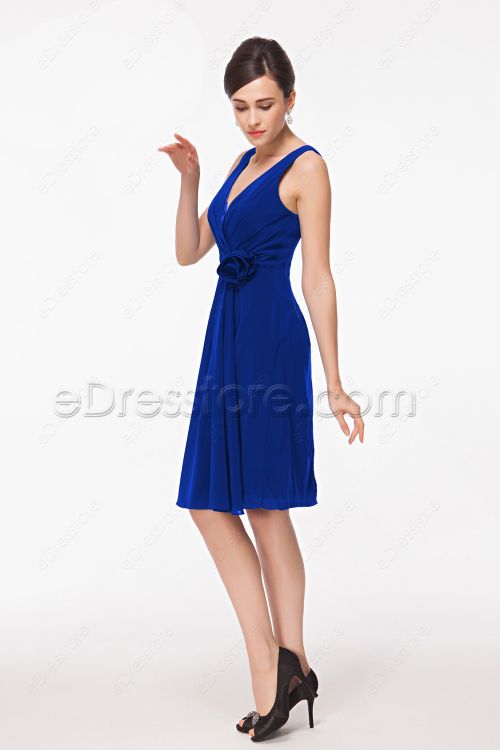 V Neck Royal Blue Cocktail Dresses Knee Length
