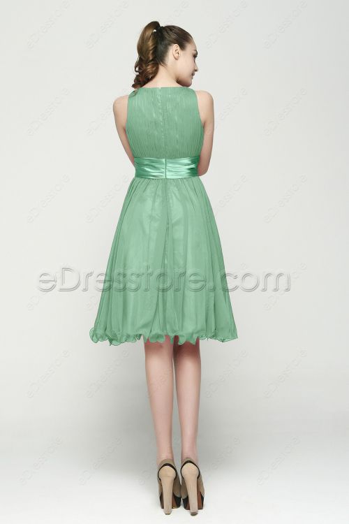 Modest Pastel Green Bridesmaid Dresses Tea Length