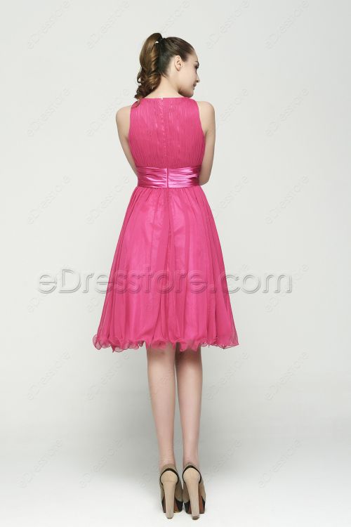 Hot Pink Modest Junior Bridesmaid Dresses Tea Length