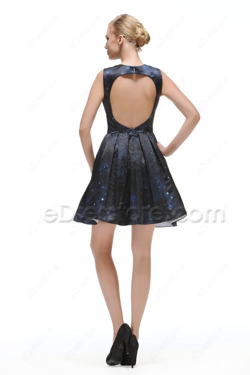 Mid Night Blue Backless Prom Dresses Short