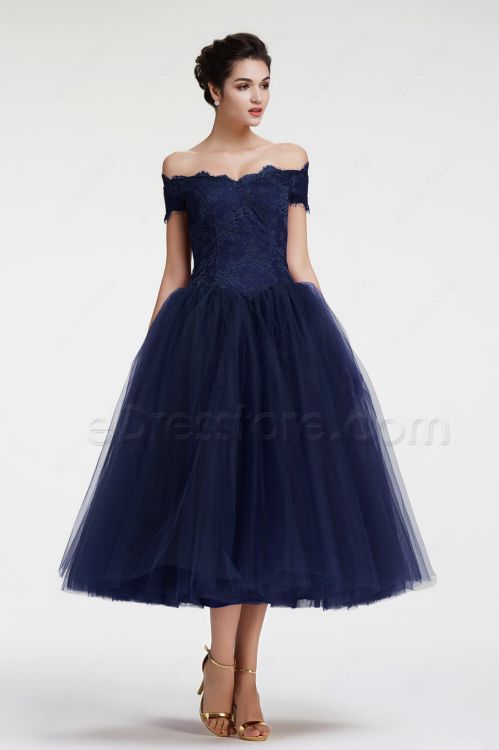 Navy Blue Off the Shoulder Ball Gown Vintage Evening Dress Tea Length