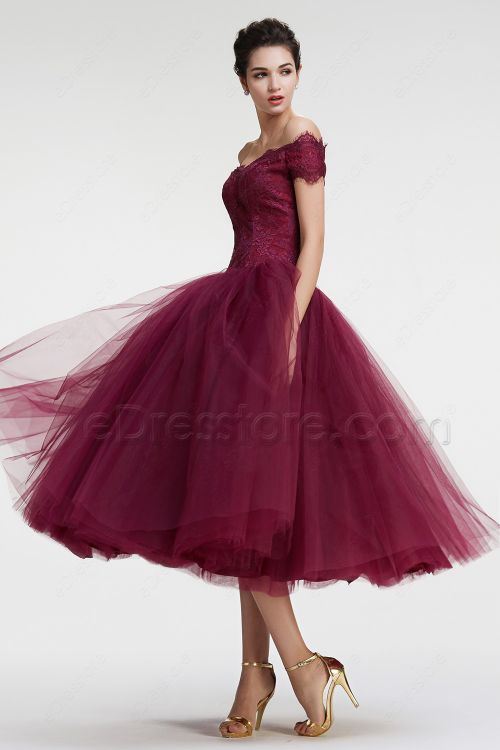 Burgundy Off the Shoulder Ball Gown VIntage Prom Dresses Tea Length