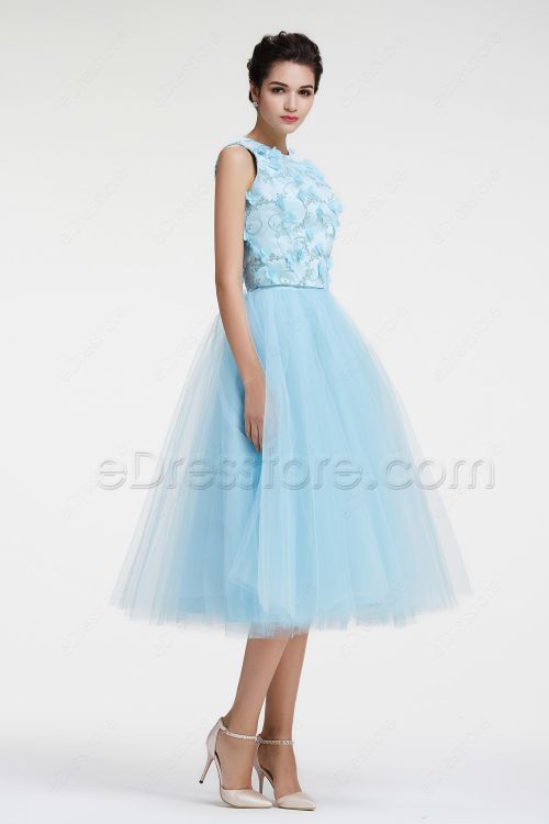 Light Blue Two Piece Prom Dresses Tea Length with Embroidery