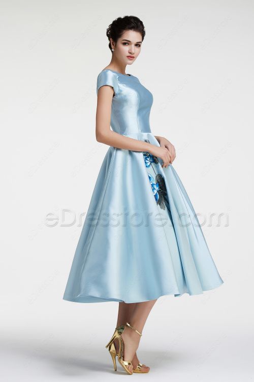 Modest Ball Gown Ice Blue Vintage Prom Dress with Sleeves