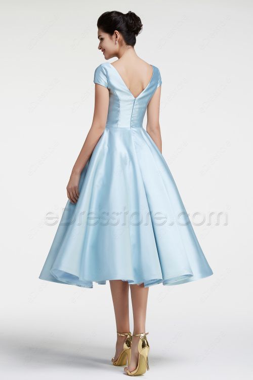 Modest Ball Gown Ice Blue Vintage Prom Dress with Sleeves