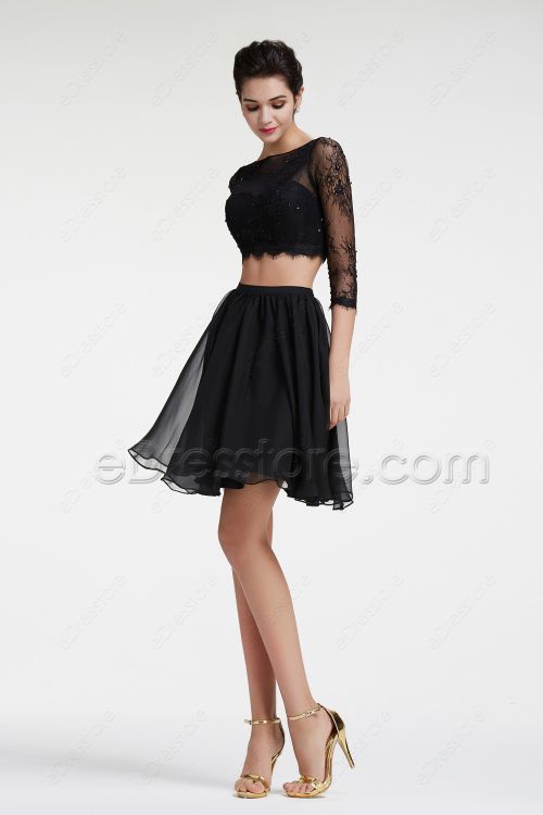 Black Lace Beaded Short Prom Dresses Long Sleeves