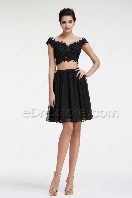 Off the Shoulder Black Sparkly Two Piece Prom Dresses Short