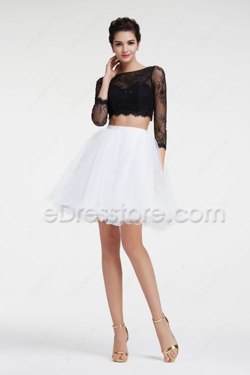 Black and White Homecoming Dress Long Sleeves Short Prom Dress 