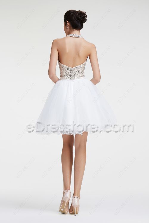 Halter Crystal Sparkly Two Piece White Short Prom Dresses