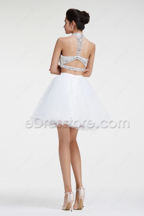 White Two Piece Crystal Sparkly Short Prom Dresses