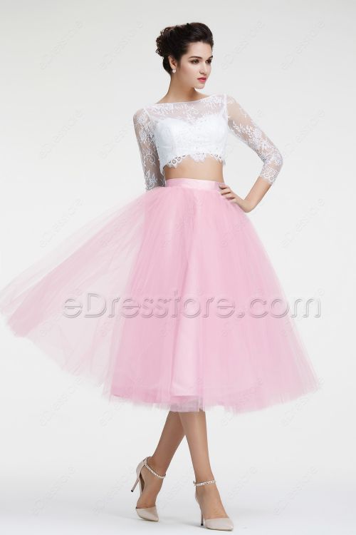 Light Pink Ball Gown Two Piece Prom Dresses Long Sleeves