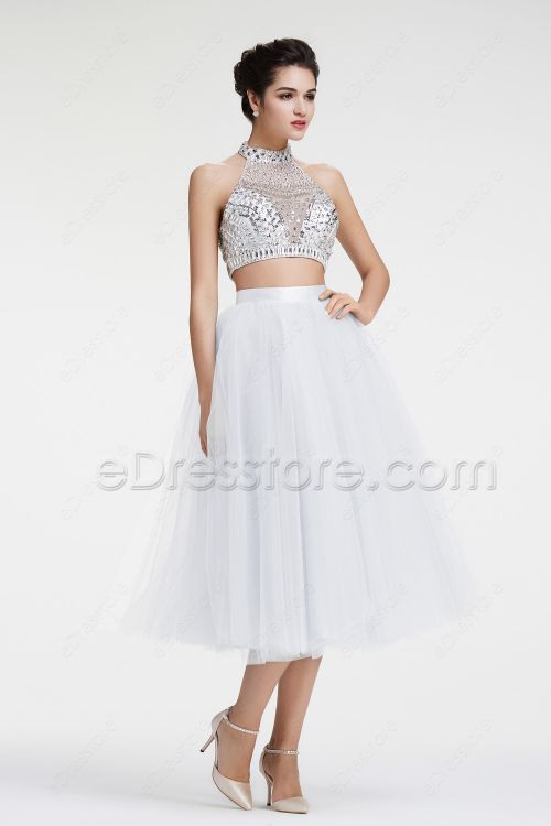 Crystals Glitter 2 Piece Prom Dresses White Homecoming Dress