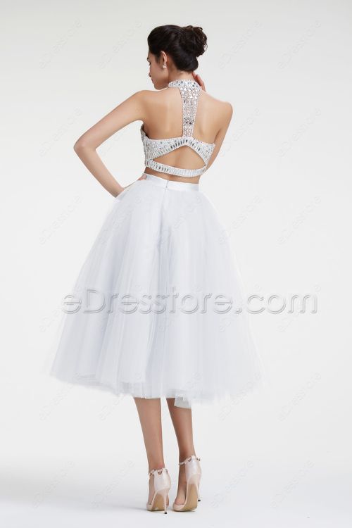 Crystals Glitter 2 Piece Prom Dresses White Homecoming Dress