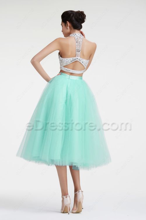 Mint Green Crystal Sparkle Two Piece Homecoming Dress