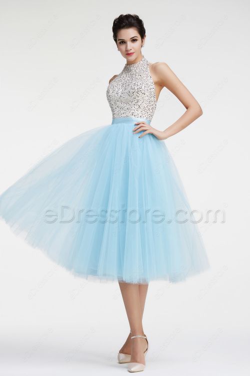 Light BLue Halter Backless Sparkly Prom Dresses Tea Length Homecoming Dresses