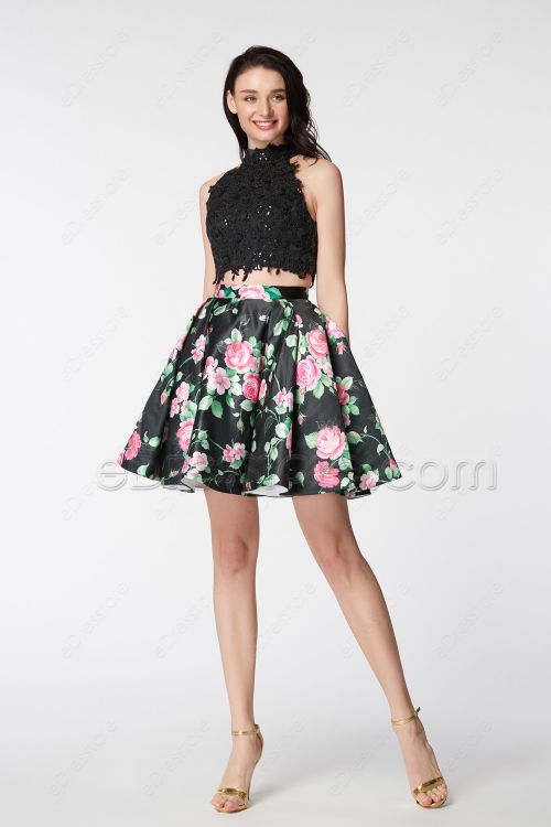 Halter Sparkly Two Piece Floral Prom Dresses Short