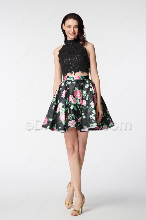 Halter Sparkly Two Piece Floral Prom Dresses Short