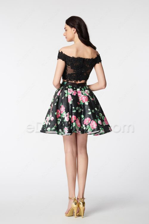 Floral Short Prom Dresses Off the Shoulder Two Piece Prom Dress