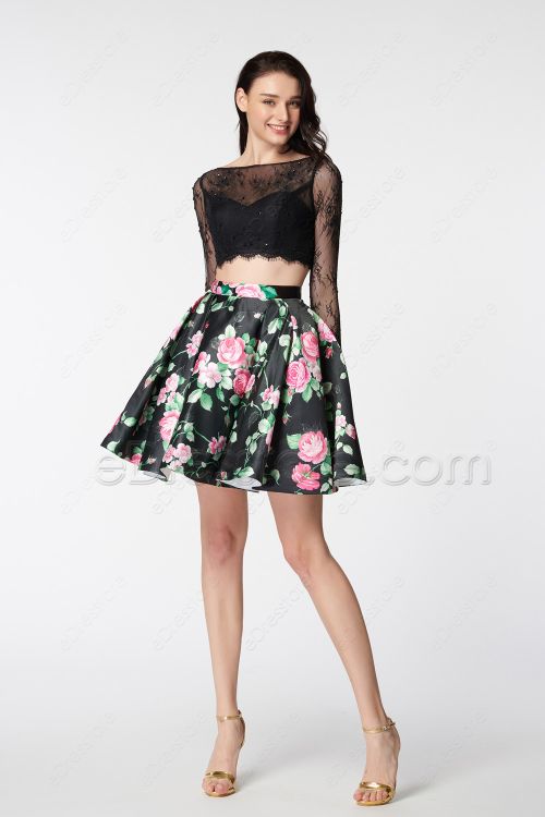 Two Piece Floral Short Homecoming Dresses Long Sleeves