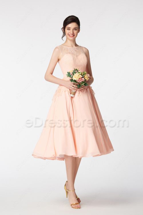 Blush Lace Bridesmaid Dresses Tea Length with Sash