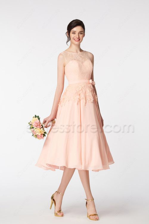 Blush Lace Bridesmaid Dresses Tea Length with Sash