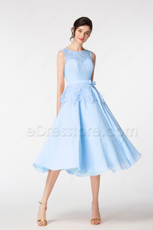 Light Blue Ball Gown Short Prom Dresses Tea Length