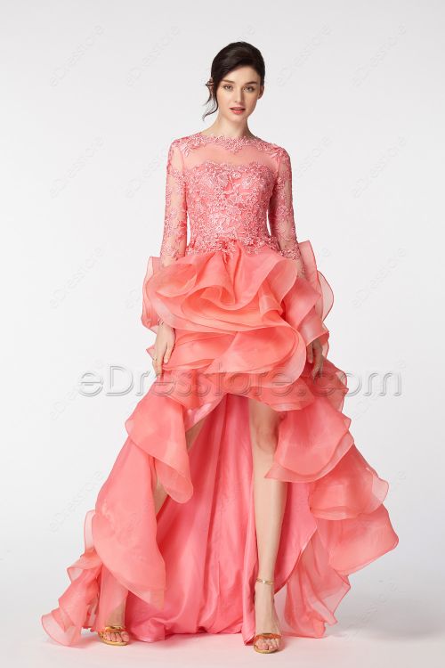 Coral Ruffled High Low Prom Dresses Long Sleeves