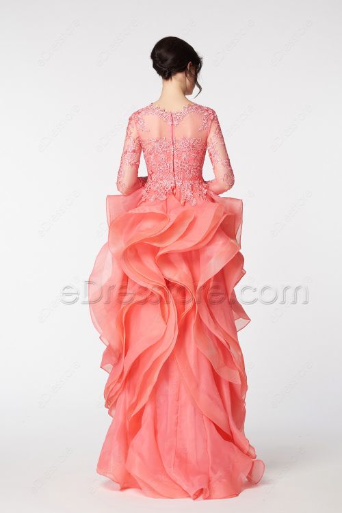 Coral Ruffled High Low Prom Dresses Long Sleeves