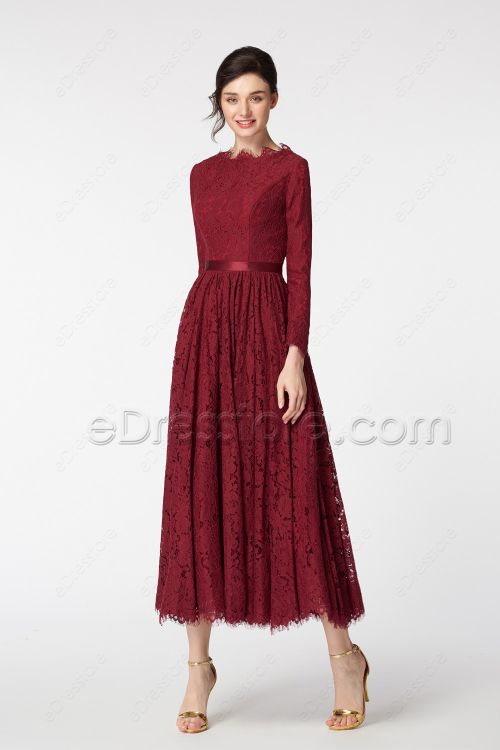 Modest Scalloped Lace Vintage Burgundy Prom Dresses Long Sleeves