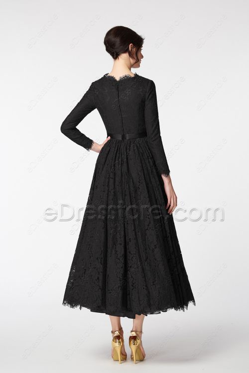 Modest Black Formal Dresses Long Sleeves Tea Length