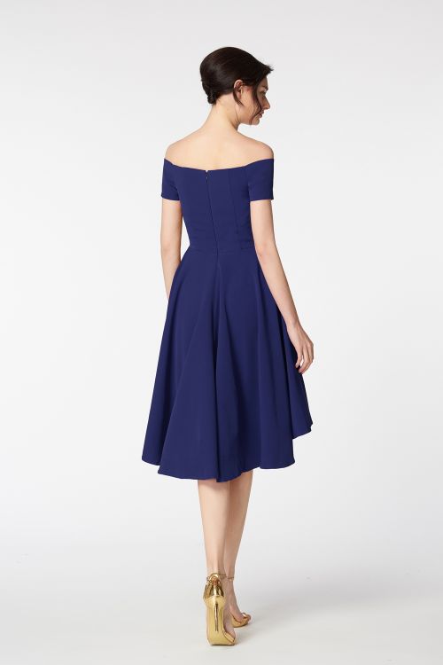 Off the Shoulder Navy Blue High Low Bridesmaid Dresses Short Sleeves