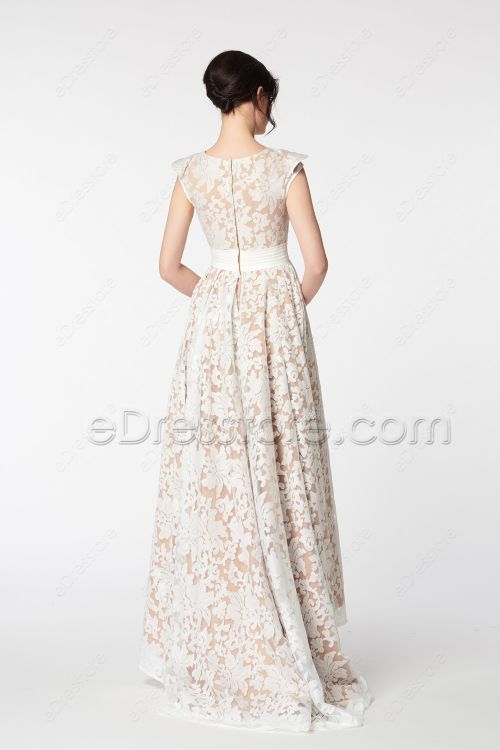 Modest White Lace Champagne High Low Prom Dresses Cap Sleeves