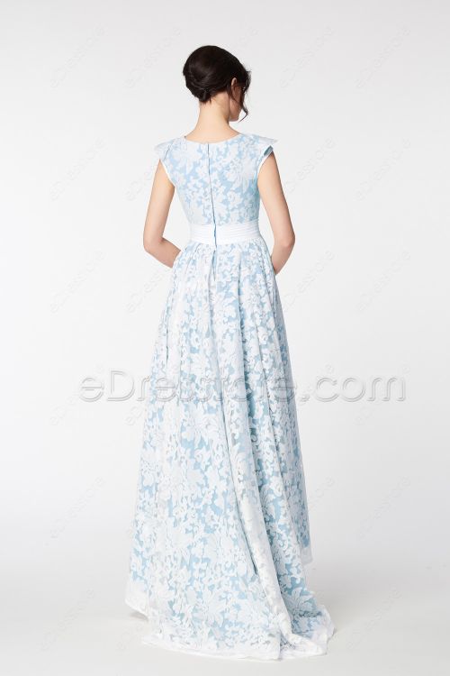 Light Blue Modest HIgh Low Pageant Evening Dresses