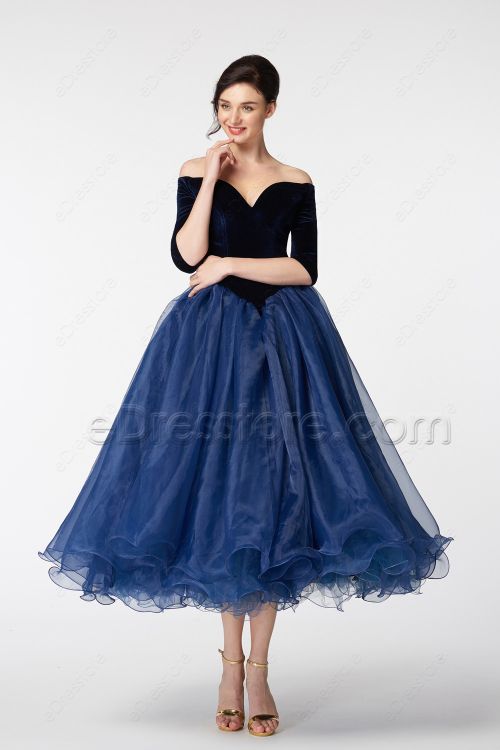 Navy Blue Off the Shoulder Ball Gown VIntage Prom Dress with Sleeves