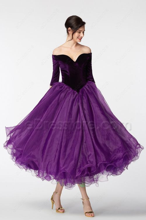 Purple Vintage Off the Shoulder Homecoming Dresses Tea Lenggth