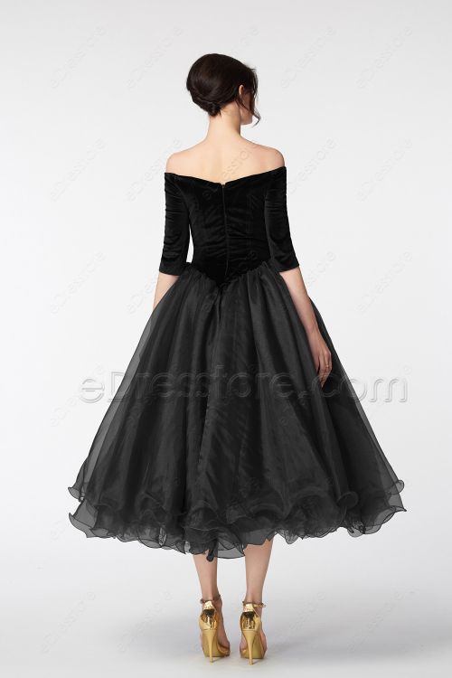 Black Vintage Evening Dresses Tea length with sleeves