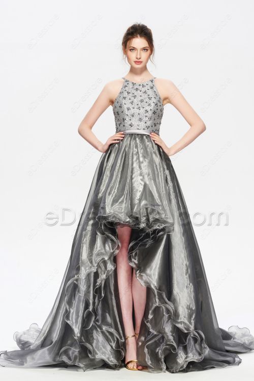 Halter Backless Beaded Silver High Low Prom Dress