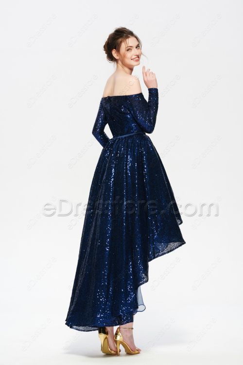 Sparkly Navy Blue Off the Shoulder High Low Prom Dresses Long Sleeves