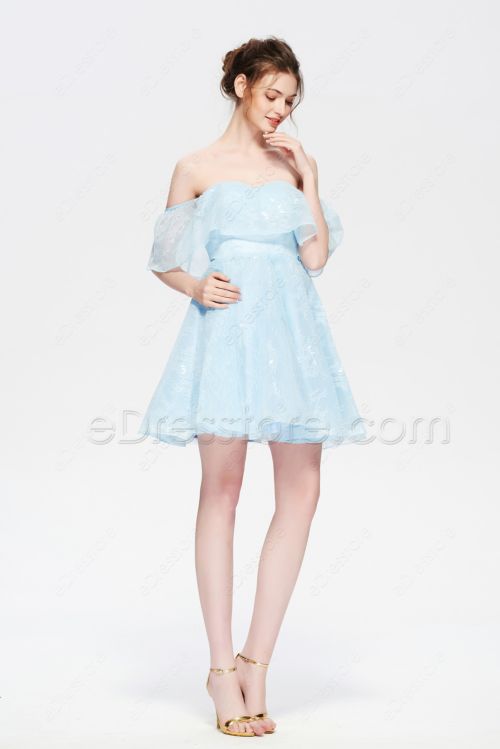 Light Blue Lace Homecoming Dresses Short Off the Shoulder