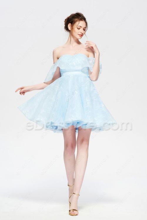 Light Blue Lace Homecoming Dresses Short Off the Shoulder