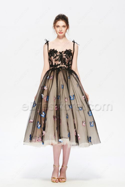 Black Champagne Vintage Ball Gown Prom Dress with Butterfly Embroidery