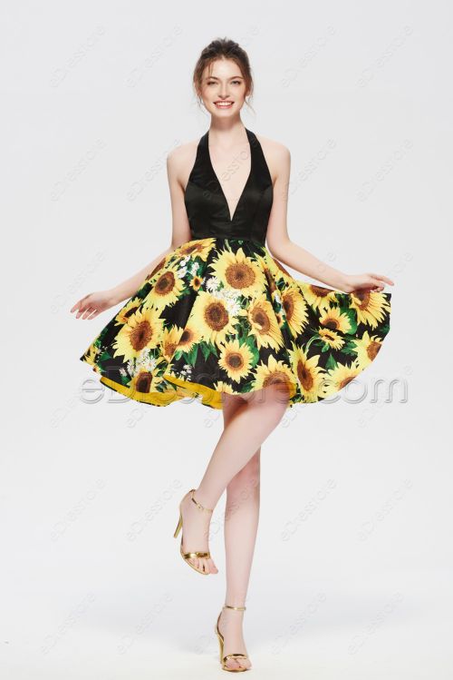 Floral sunflower yellow backless homecoming Dress Short Prom Dress