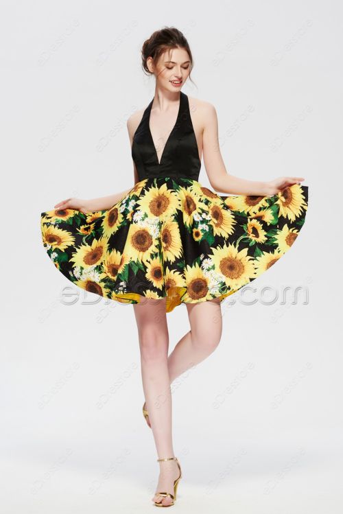 Floral sunflower yellow backless homecoming Dress Short Prom Dress