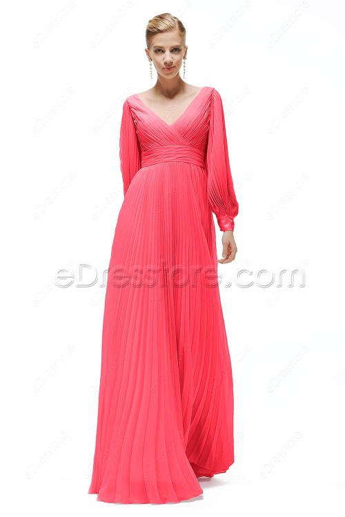 Long Sleeves Prom Dress Hot Pink
